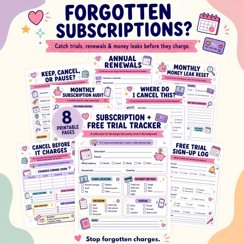May include: A set of eight printable subscription and free trial tracker pages featuring pastel colors, icons of calendars, piggy banks, and credit cards, with text including 'Forgotten Subscriptions?', 'Annual Renewals', and 'Subscription + Free Trial Tracker'.