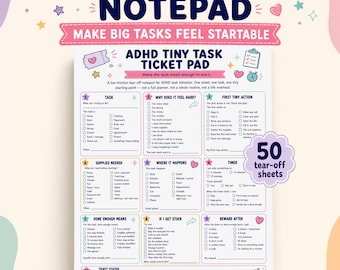 Puede incluir: Un bloc de notas ADHD Tiny Task Ticket Pad blanco con 50 hojas desprendibles. El bloc presenta diez secciones numeradas que incluyen Task, Why Does It Feel Hard, First Tiny Action, Supplies Needed, Where It Happens, Timer, Done Enough Means, If I Get Stuck, Reward After y Ticket Status.