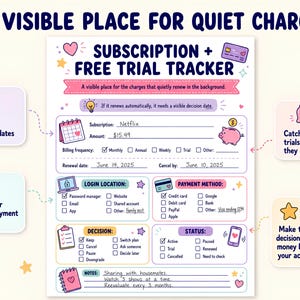 May include: A subscription and free trial tracker printable sheet with sections for subscription details, billing frequency, renewal dates, login locations, payment methods, decisions, status, and notes, featuring icons like a piggy bank and calendar.