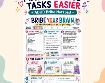 May include: ADHD Bribe Notepad with colorful text and illustrations. The notepad features sections for daily tasks, rewards, and a tear-off design. The title reads "Make Boring Tasks Easier" and "Bribe Your Brain".