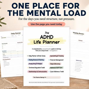 May include: The ADHD Life Planner, a guide for managing the mental load. The image shows a planner with sections for daily planning, weekly review, and goal setting. The text includes "One Place for the Mental Load" and "Use the page you need today."