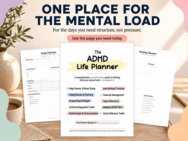 May include: The ADHD Life Planner, a guide for managing the mental load. The image shows a planner with sections for daily planning, weekly review, and goal setting. The text includes "One Place for the Mental Load" and "Use the page you need today."