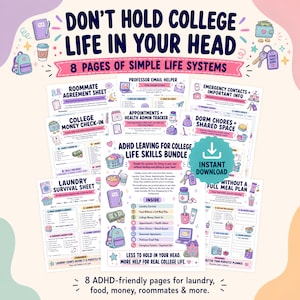 May include: A digital bundle of 8 pages titled ADHD Leaving for College Life Skills Bundle, featuring checklists for laundry, money, roommates, and health. The pages include colorful illustrations of backpacks, laptops, and food with text.