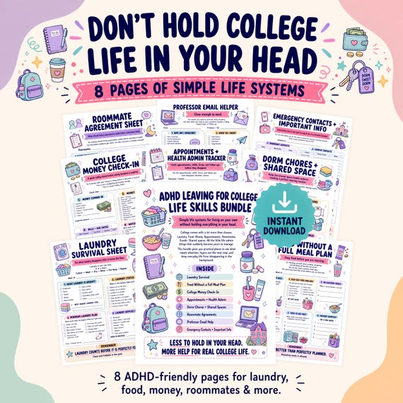 ADHD College Survival Checklist, Off to College Gift, Dorm Life Skills Bundle, Freshman Planner, Moving Out Checklist, 9 Page PDF