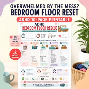 ADHD Bedroom Cleaning Checklist, Messy Room Reset Printable, Bedroom Floor Help, Clothes Pile, Walking Path, Executive Dysfunction PDF