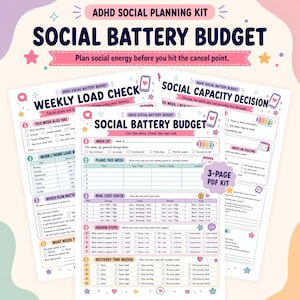 ADHD Social Battery Planner, Weekly Social Capacity Checklist, Low Energy Plans Worksheet, Overcommitting Help, Boundary Scripts PDF