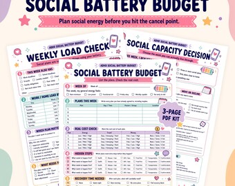 ADHD Social Battery Planner, Weekly Social Capacity Checklist, Low Energy Plans Worksheet, Overcommitting Help, Boundary Scripts PDF