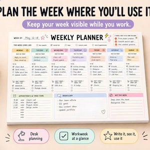 K&ouml;nnte beinhalten: Ein Wochenplaner-Notizblock mit farbenfrohem Layout, mit Abschnitten f&uuml;r jeden Wochentag, Termine und einen Brainstorming-Bereich. Der Text lautet: "Planen Sie die Woche, in der Sie sie verwenden."