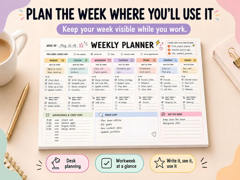 K&ouml;nnte beinhalten: Ein Wochenplaner-Notizblock mit farbenfrohem Layout, mit Abschnitten f&uuml;r jeden Wochentag, Termine und einen Brainstorming-Bereich. Der Text lautet: "Planen Sie die Woche, in der Sie sie verwenden."