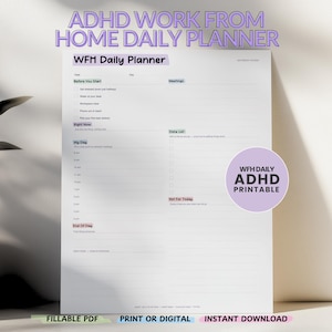 ADHD Work Day Planner Printable, Working From Home Planner, Manage Tasks, Day Organizer, Time-blocking, Fillable PDF