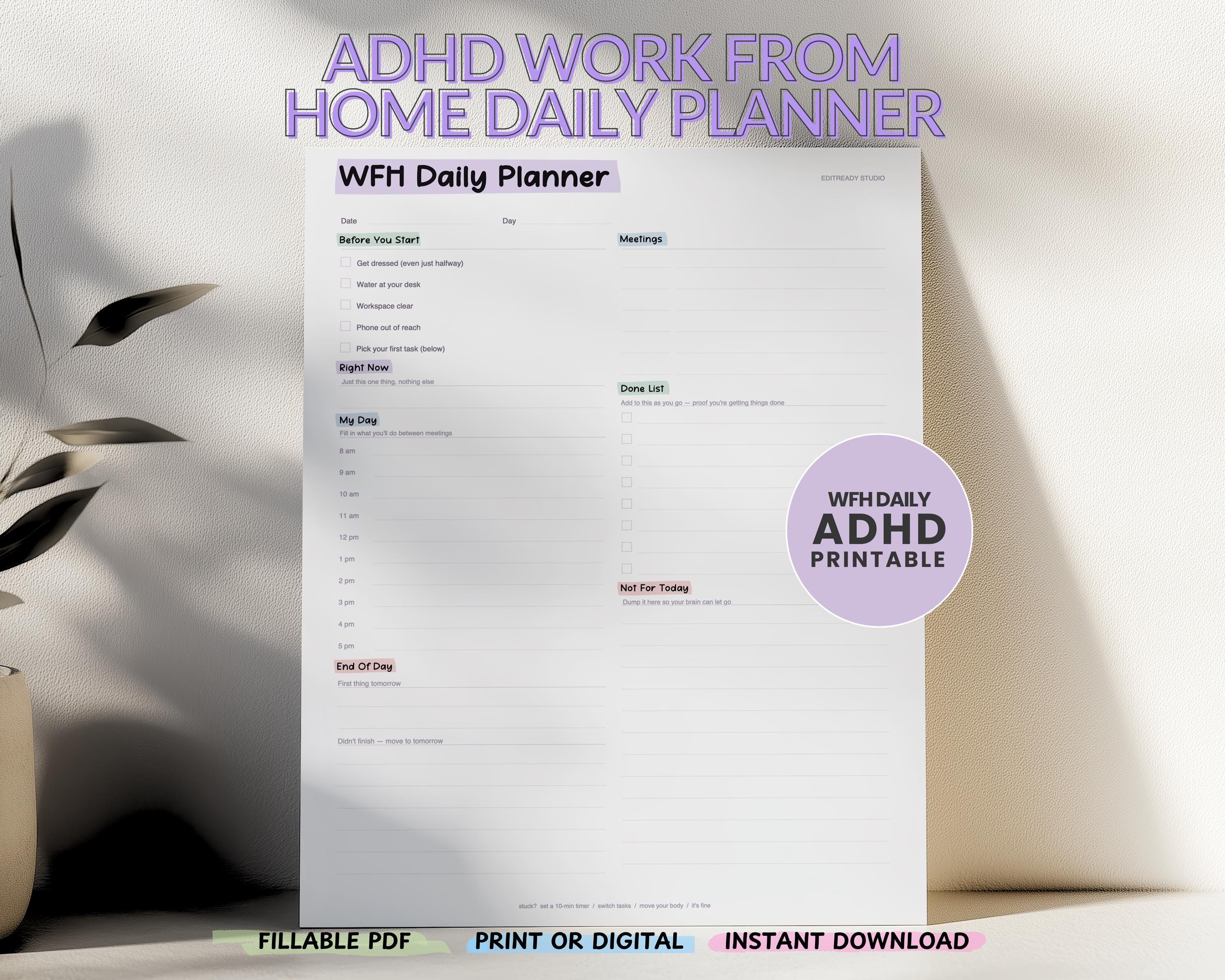 ADHD Work Day Planner Printable, Working From Home Planner, Manage ...
