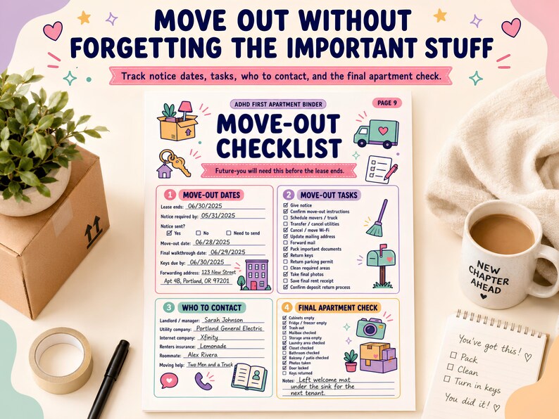 May include: A printed move-out checklist page titled ADHD First Apartment Binder, featuring four sections: Move-Out Dates, Move-Out Tasks, Who to Contact, and Final Apartment Check, with colorful icons of boxes, a truck, a camera, and a mailbox.