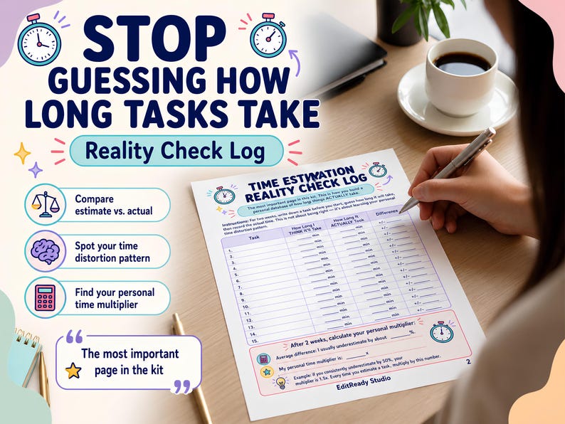 May include: A printed Time Estimation Reality Check Log sheet with columns for task names, estimated time, actual time, and differences. The document includes instructions, a personal multiplier calculation section, and the text EditReady Studio.