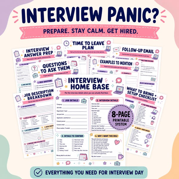ADHD Job Interview Prep Kit, Interview Checklist PDF, Answer Prep Worksheets, Questions to Ask, Follow Up Email Template, 8 Page Printable