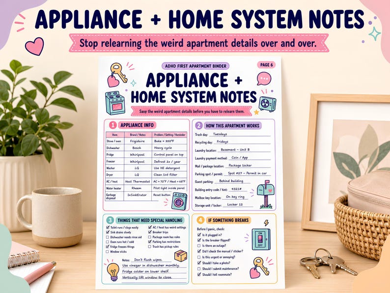 May include: A white informational sheet titled Appliance + Home System Notes with sections for appliance info, apartment operations, special handling, and maintenance steps. The document features colorful icons, checkboxes, and text fields for organizing household details.