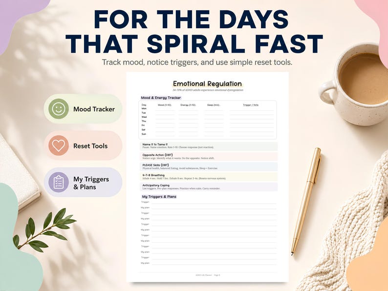 May include: A white sheet with the text "Emotional Regulation" and "FOR THE DAYS THAT SPIRAL FAST". The sheet includes sections for mood tracking, reset tools, and triggers. A cup of coffee, a pen, and a notebook are also visible.