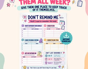 May include: A printable weekly planner sheet titled DON'T REMIND ME with sections for tasks, items to return, and future planning. The document features colorful headers, icons, and text boxes for organizing weekly responsibilities and reminders.