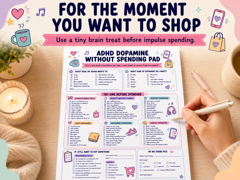 May include: A white paper ADHD dopamine without spending pad with colorful text and icons. The sheet includes sections for brain wants, dopamine types, and a checklist to try before spending. A hand holds a pen, writing on the paper surface.