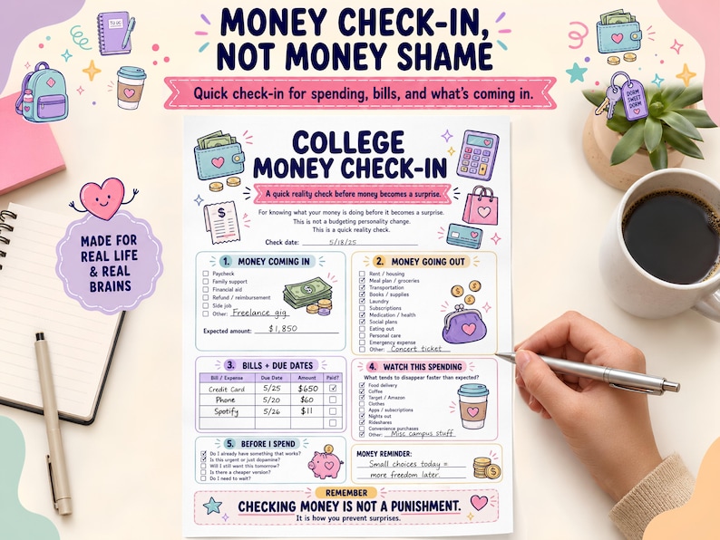 May include: A white paper sheet titled College Money Check-In with sections for money coming in, money going out, bills, due dates, and spending habits. The document features colorful illustrations of a wallet, calculator, piggy bank, and coffee cup.