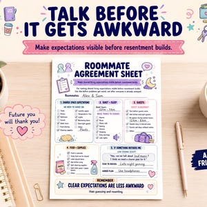 May include: A Roommate Agreement Sheet printed on white paper with blue and purple text and illustrations. The document includes sections for shared space expectations, quiet hours, guest policies, food supplies, and conflict resolution scripts.