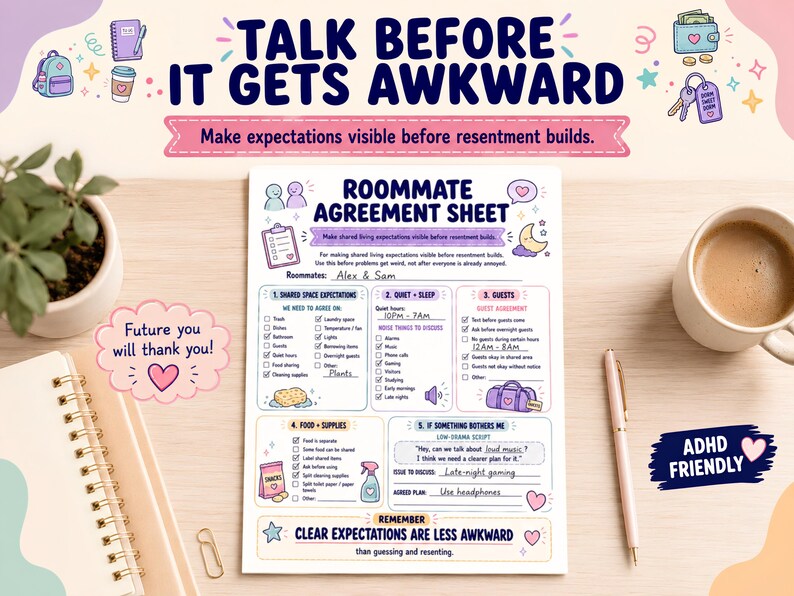 May include: A Roommate Agreement Sheet printed on white paper with blue and purple text and illustrations. The document includes sections for shared space expectations, quiet hours, guest policies, food supplies, and conflict resolution scripts.