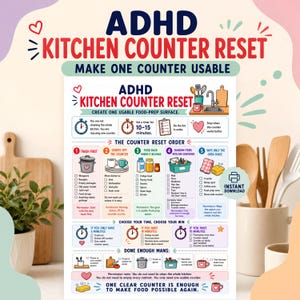 May include: A digital print titled ADHD KITCHEN COUNTER RESET with a five-step guide for cleaning kitchen surfaces. The chart includes icons, checklists, and instructions for organizing items, clearing trash, and wiping counters in 5, 10, or 15 minutes.