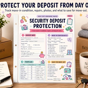 May include: A white paper sheet titled ADHD First Apartment Binder Security Deposit Protection with sections for deposit info, move-in condition notes, a photo log, and save for move-out. The document features colorful icons of keys, a camera, a piggy bank, and a clipboard.