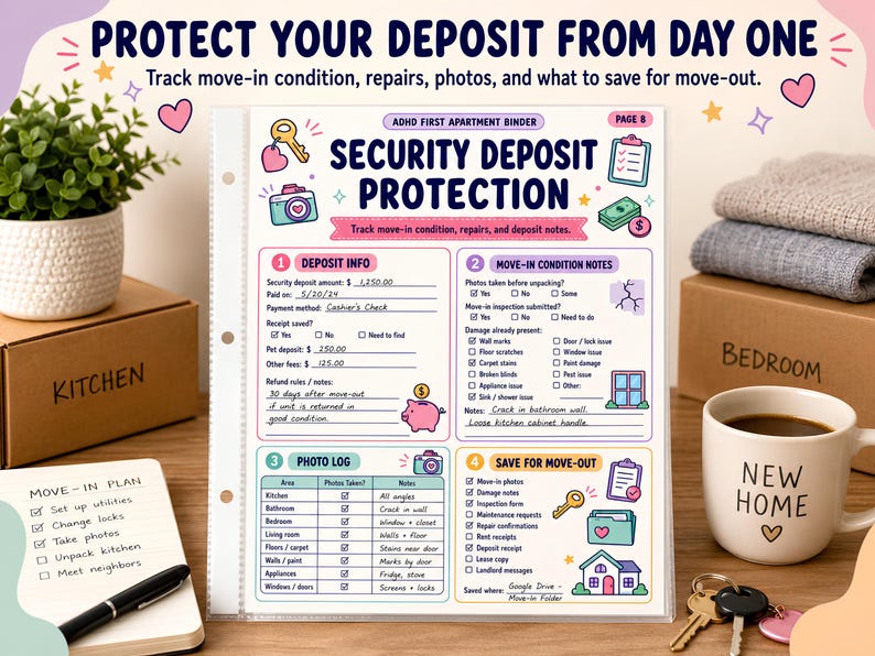 May include: A white paper sheet titled ADHD First Apartment Binder Security Deposit Protection with sections for deposit info, move-in condition notes, a photo log, and save for move-out. The document features colorful icons of keys, a camera, a piggy bank, and a clipboard.