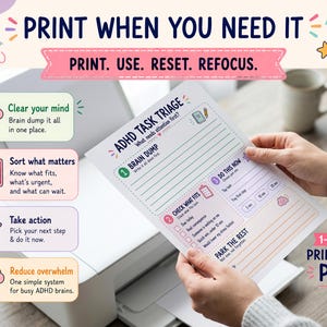 May include: A printable ADHD task triage planner page featuring sections for brain dump, check what fits, and do this now. The document includes text prompts, checkboxes, and time intervals. The design uses pastel colours, icons, and clear headings to organise daily tasks and reduce mental overwhelm.