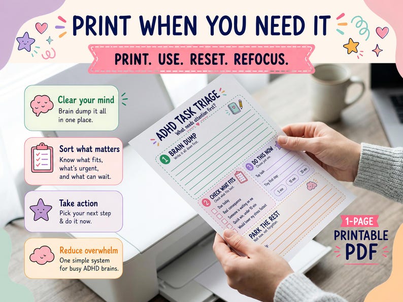 May include: A printable ADHD task triage planner page featuring sections for brain dump, check what fits, and do this now. The document includes text prompts, checkboxes, and time intervals. The design uses pastel colours, icons, and clear headings to organise daily tasks and reduce mental overwhelm.