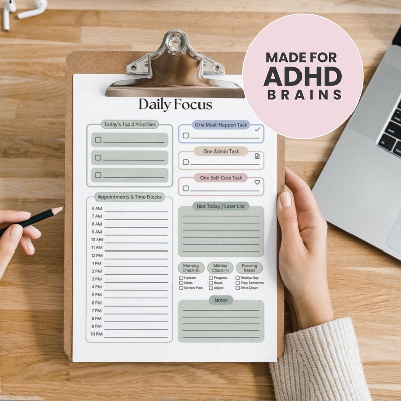 ADHD Daily Focus Printable, Time Blocking and Priorities Planner - Etsy