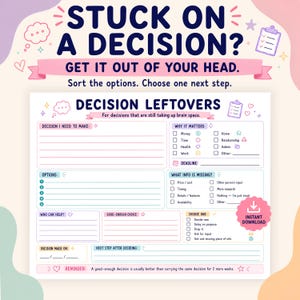 Può includere: Un foglio di lavoro per il processo decisionale intitolato DECISION LEFTOVERS con sezioni per dettagli, opzioni, informazioni mancanti e passaggi successivi. Il documento presenta colori pastello, icone e suggerimenti testuali per organizzare le idee.