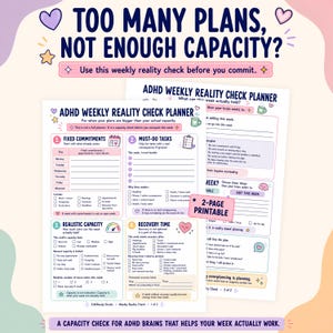 ADHD Weekly Planner, Weekly Schedule Reality Check, Capacity Planning Worksheet, Overwhelm Help, Executive Dysfunction 2 page PDF Download