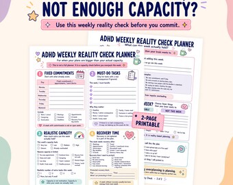 ADHD Weekly Planner, Weekly Schedule Reality Check, Capacity Planning Worksheet, Overwhelm Help, Executive Dysfunction 2 page PDF Download