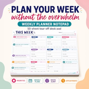 ADHD Weekly Planner Notepad, Brain Dump To Do List Pad, Tear Off Weekly Schedule, Executive Function Helper, 11x8.5 Desk Pad