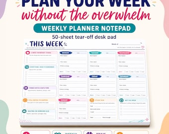 Puede incluir: Un bloc de notas planificador semanal con el texto "PLAN YOUR WEEK without the overwhelm". El bloc de notas tiene un diseño desprendible de 50 hojas e incluye secciones para cada día de la semana, con espacio para notas y tareas.