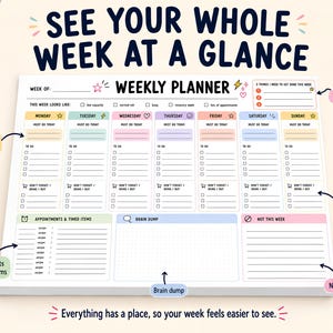 K&ouml;nnte beinhalten: Ein Wochenplaner mit dem Text "See Your Whole Week at a Glance". Der Planer hat Abschnitte f&uuml;r jeden Wochentag mit Platz f&uuml;r t&auml;gliche Aufgaben, Termine und ein Brainstorming. Er enth&auml;lt einen Abschnitt f&uuml;r die wichtigsten Priorit&auml;ten.