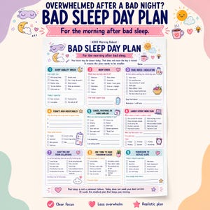 Könnte beinhalten: Eine weiße, druckbare Planerseite mit dem Titel Bad Sleep Day Plan, die neun nummerierte Abschnitte für tägliche Aufgaben enthält. Das Dokument zeigt bunte Symbole wie Sonnen, Herzen und Wolken sowie Kontrollkästchen und Textaufforderungen.