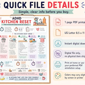 May include: A printable ADHD Kitchen Reset guide on a clipboard. The guide includes a checklist for cleaning the kitchen, with sections for the drying trash, dishes, counter zone, and more. The guide is a US Letter 8.5 x 11 digital download.