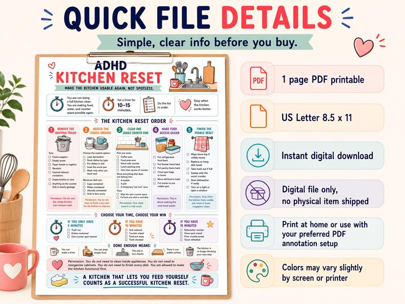 May include: A printable ADHD Kitchen Reset guide on a clipboard. The guide includes a checklist for cleaning the kitchen, with sections for the drying trash, dishes, counter zone, and more. The guide is a US Letter 8.5 x 11 digital download.