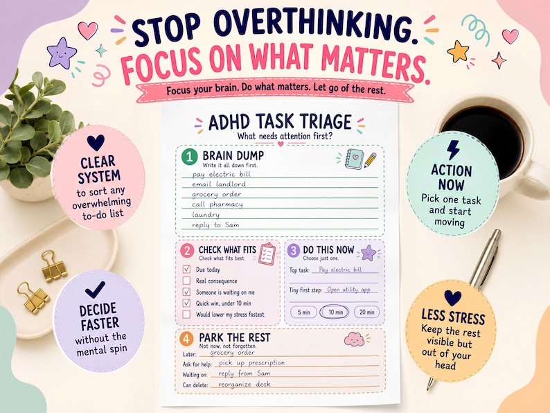 May include: A white ADHD task triage planner sheet with sections for brain dump, checking priorities, immediate actions, and parking tasks. The text reads Stop Overthinking. Focus On What Matters. ADHD Task Triage. Clear System, Action Now, Decide Faster, Less Stress.