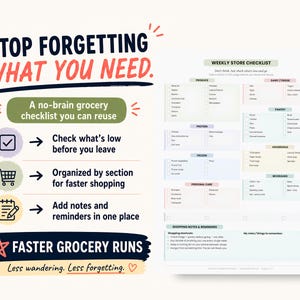 May include: A printable weekly grocery checklist with sections for produce, dairy, pantry, and more. The design includes the text "Stop Forgetting What You Need" and "Faster Grocery Runs". It's a no-brain grocery checklist you can reuse.