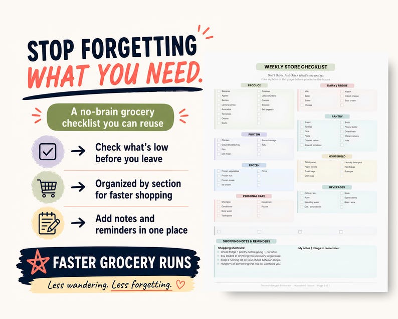 May include: A printable weekly grocery checklist with sections for produce, dairy, pantry, and more. The design includes the text "Stop Forgetting What You Need" and "Faster Grocery Runs". It's a no-brain grocery checklist you can reuse.