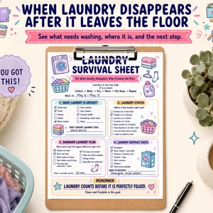 May include: A clipboard holding a printed Laundry Survival Sheet with sections for laundry status, urgent items, and supply checks. The document features colorful illustrations of washing machines, baskets, and clothing, with text including Laundry Survival Sheet and You Got This.