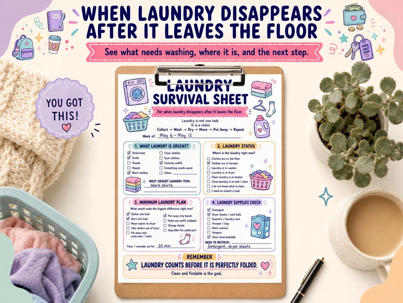 May include: A clipboard holding a printed Laundry Survival Sheet with sections for laundry status, urgent items, and supply checks. The document features colorful illustrations of washing machines, baskets, and clothing, with text including Laundry Survival Sheet and You Got This.