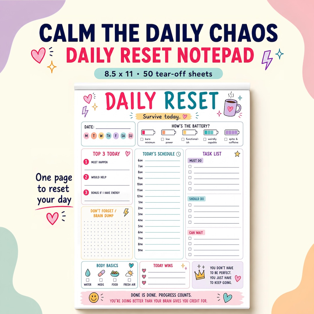 ADHD Daily Planner Notepad, Low Energy Day Reset Pad for Overwhelmed ...