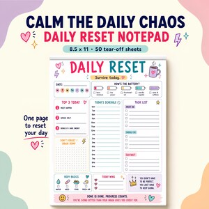 ADHD Daily Planner Notepad, Low Energy Day Reset Pad for Overwhelmed Adults, Brain Dump, Task List, Routine Planner, 8.5x11