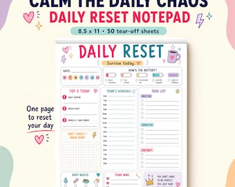 ADHD Daily Planner Notepad, Low Energy Day Reset Pad for Overwhelmed Adults, Brain Dump, Task List, Routine Planner, 8.5x11