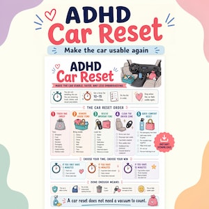 May include: A white informational checklist titled ADHD Car Reset with colorful icons and text. It outlines a five-step process for cleaning a vehicle, including trash removal, organizing items, and clearing the driver zone, with time-based goals.