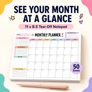 May include: A white 27.9 x 21.6 cm tear-off monthly planner notepad with 50 sheets. The planner features a grid layout with colourful headers for days of the week, sections for dates, a brain dump, and a list for this month's big 3 goals.